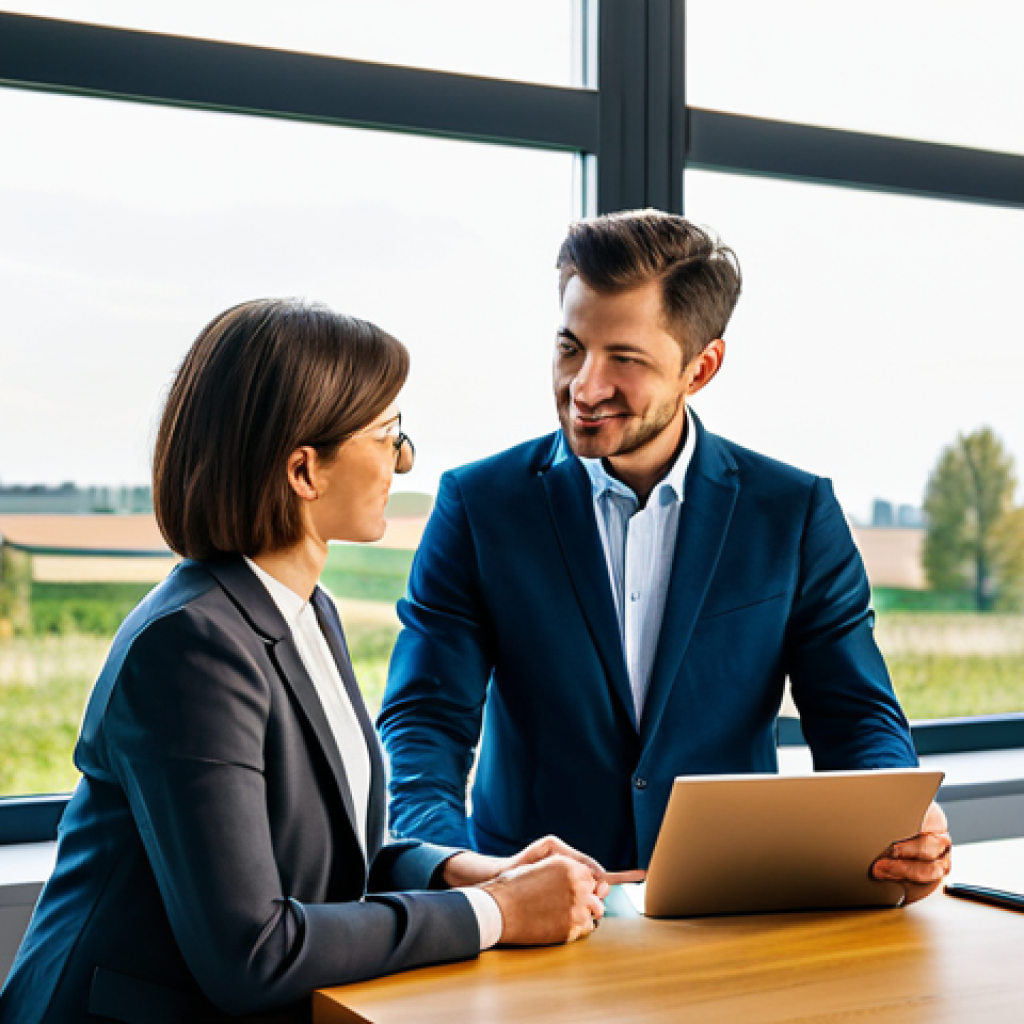 A professional woman and man, both in modest business casual attire, are seated at a sleek, minimalist desk in a bright, modern home office. A large window behind them offers a glimpse of a peaceful Dutch landscape. On the desk, a tablet displays a clear financial dashboard with ascending graphs, symbolizing growth and planning. A small, healthy potted plant adds a touch of organic growth. They are calmly discussing, pointing at the screen, signifying collaborative financial planning. Professional photography, soft natural lighting, high resolution, realistic, sharp focus. fully clothed, modest clothing, appropriate attire, professional dress, safe for work, appropriate content, professional, perfect anatomy, correct proportions, natural pose, well-formed hands, proper finger count, natural body proportions.