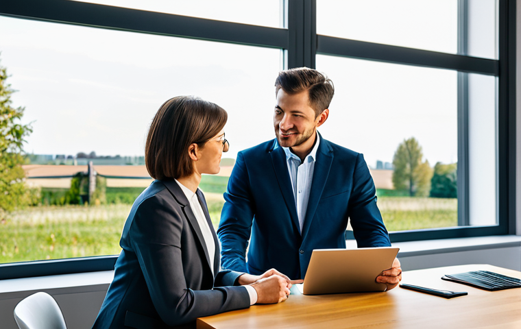 A professional woman and man, both in modest business casual attire, are seated at a sleek, minimalist desk in a bright, modern home office. A large window behind them offers a glimpse of a peaceful Dutch landscape. On the desk, a tablet displays a clear financial dashboard with ascending graphs, symbolizing growth and planning. A small, healthy potted plant adds a touch of organic growth. They are calmly discussing, pointing at the screen, signifying collaborative financial planning. Professional photography, soft natural lighting, high resolution, realistic, sharp focus. fully clothed, modest clothing, appropriate attire, professional dress, safe for work, appropriate content, professional, perfect anatomy, correct proportions, natural pose, well-formed hands, proper finger count, natural body proportions.