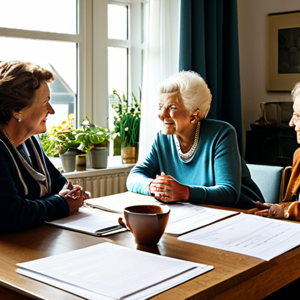 Family Meeting**
A warm, inviting scene of a family gathered around a table in a modern Dutch home. An older woman (grandmother) is leading the conversation, showing documents (perhaps related to inheritance) to her adult children and grandchildren. Everyone is dressed in casual but neat clothing. The atmosphere is one of open communication and understanding. Sun light is coming through the window.
*Keywords: Family, inheritance planning, communication, safe for work, generational wealth, Dutch home, modest clothing, appropriate attire.*
**