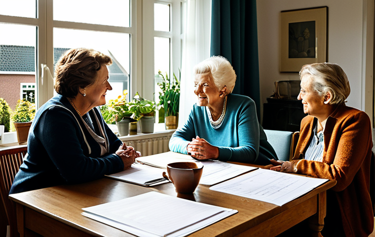 Family Meeting**
A warm, inviting scene of a family gathered around a table in a modern Dutch home. An older woman (grandmother) is leading the conversation, showing documents (perhaps related to inheritance) to her adult children and grandchildren. Everyone is dressed in casual but neat clothing. The atmosphere is one of open communication and understanding. Sun light is coming through the window.
*Keywords: Family, inheritance planning, communication, safe for work, generational wealth, Dutch home, modest clothing, appropriate attire.*
**