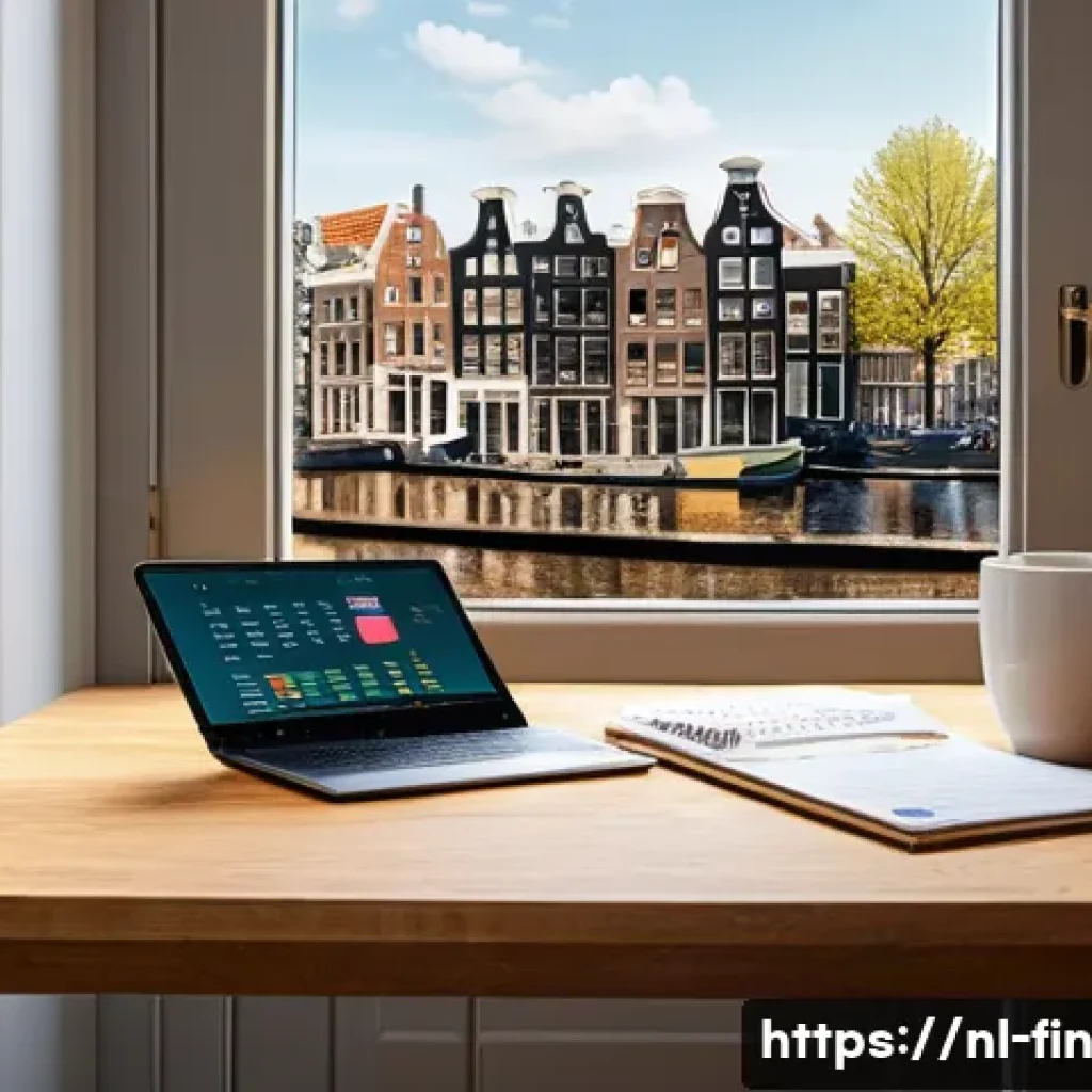 현명한 소비를 위한 금융 단순화 - A cozy, modern Dutch living room scene featuring a young adult sitting comfortably at a wooden table...