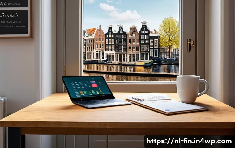 현명한 소비를 위한 금융 단순화 - A cozy, modern Dutch living room scene featuring a young adult sitting comfortably at a wooden table...