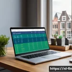 Home 22 금융 단순화를 위한 간단한 스프레드시트 템플릿 - A cozy home office scene featuring a modern laptop displaying a neatly organized financial spreadshe...