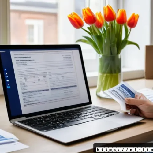 Home 33 세금 신고 간소화 방법 - A well-organized home office desk with a Dutch person sorting through tax documents including DigiD ...