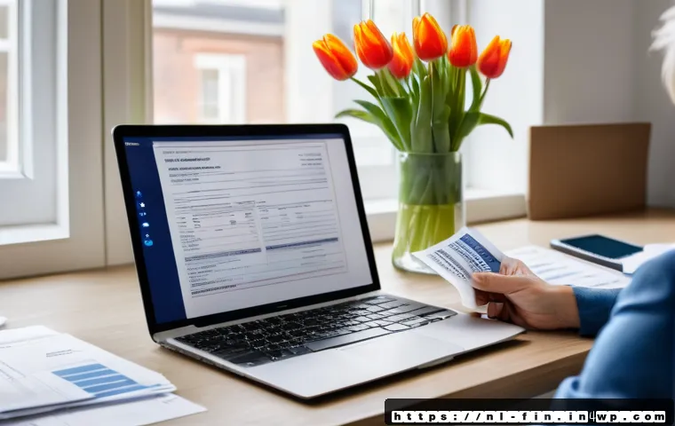 세금 신고 간소화 방법 - A well-organized home office desk with a Dutch person sorting through tax documents including DigiD ...