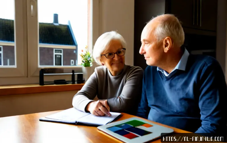 Home 17 재정 지원 프로그램의 접근성과 활용 - Photorealistic Dutch senior couple seated at a bright, tidy kitchen table in a modern Netherlands ho...