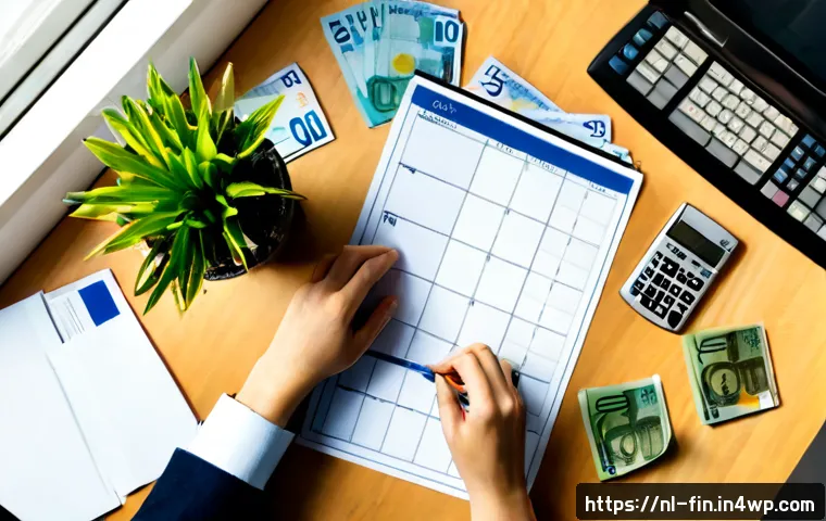 Home 17 단순한 예산 관리로 재무 건전성 확보하기 - Photorealistic overhead view of a tidy Dutch home office desk, an adult’s hands organizing euro bank...